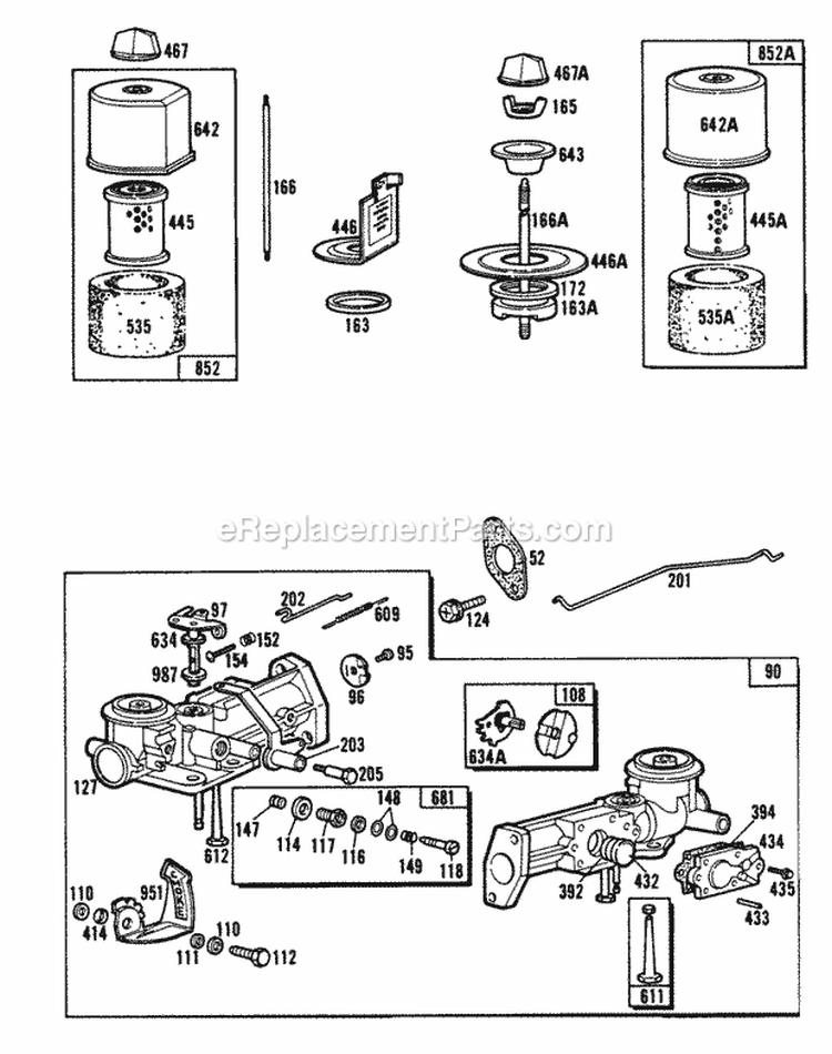 Carburetor And Air Cleaners Diagram and Parts List for 081231-0245-98  Briggs and Stratton Engine
